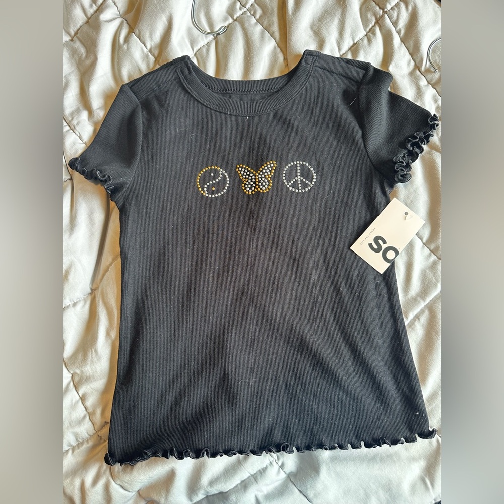 🆕 SO Adaptive Girls Black Ribbed Tee Butterfly Peace Yin Yang Size M 8 NWT